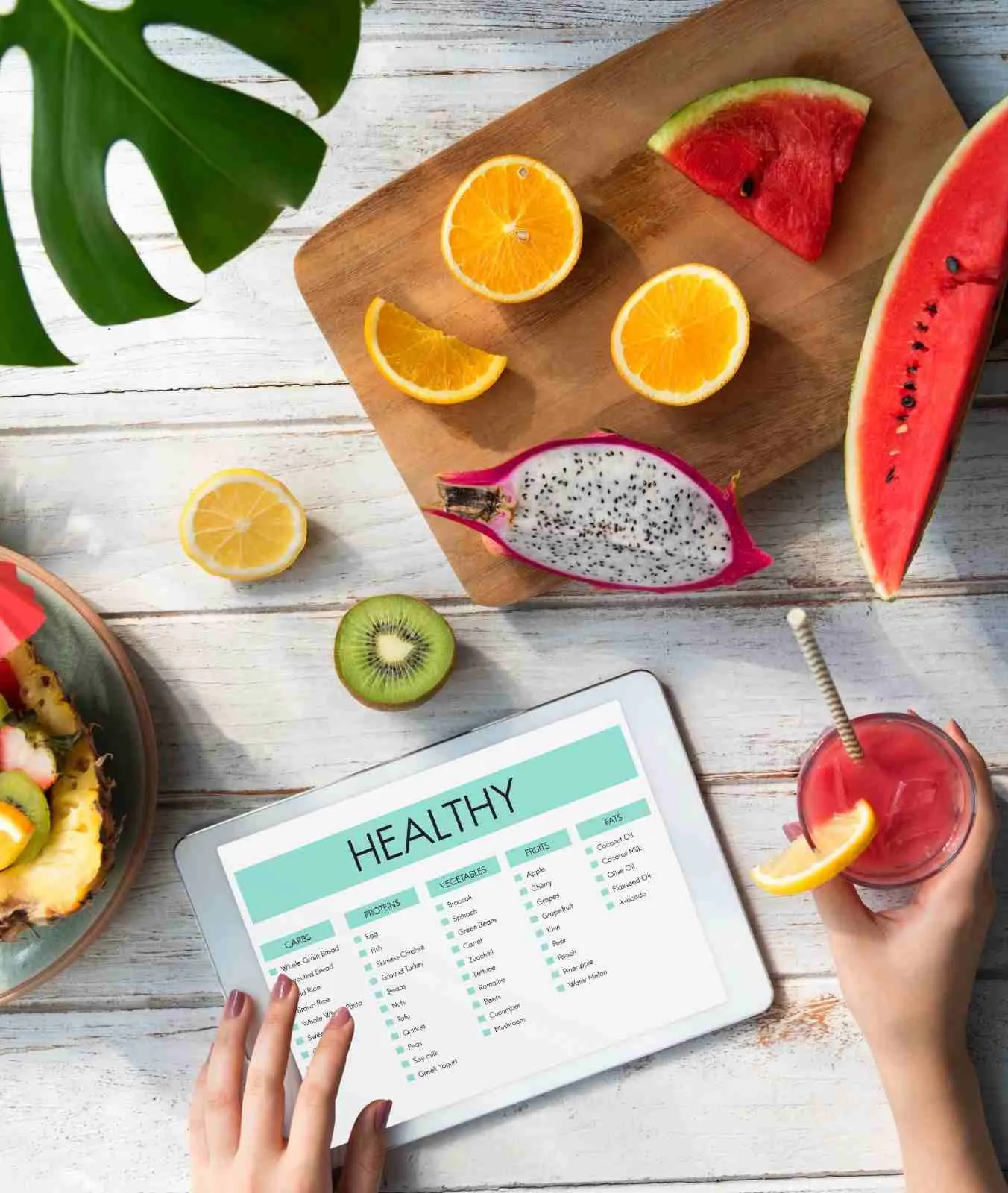 Overhead view of fresh fruit, water and a tablet showing a healthy eating list